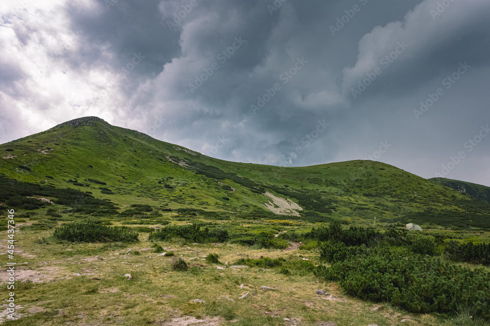 rainy weather in the mountains. sky in the mountains before the rain. big gray clouds