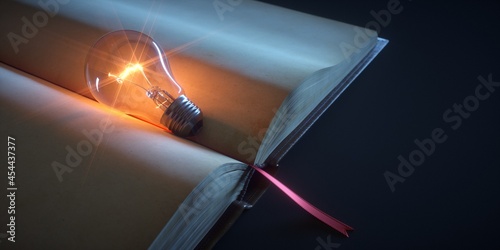 Billede på lærred Lightbulb lit over open blank book. Looking for creative ideas.