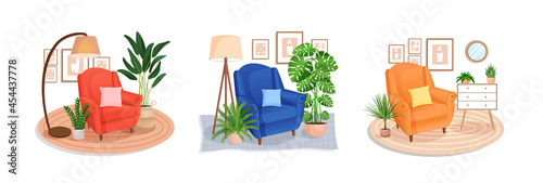 Set of cute interiors with an armchair. Cute interior with modern furniture and plants. Living room interior. Vector flat style illustration. Trendy scandinavian hygge apartment. Collection.
