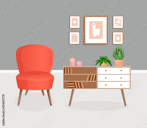 Cute gray interior with modern furniture and plants. Design of a cozy living room with soft chair, plants, pictures, dressers and books. Vector flat style illustration.