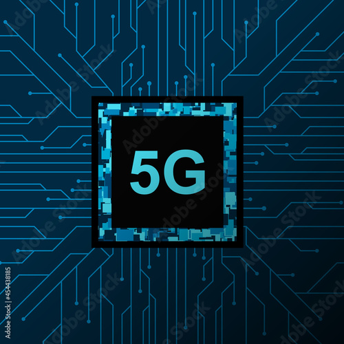 5G network processor illustration. Mobile wireless internet of next generation. Futuristic micro chip