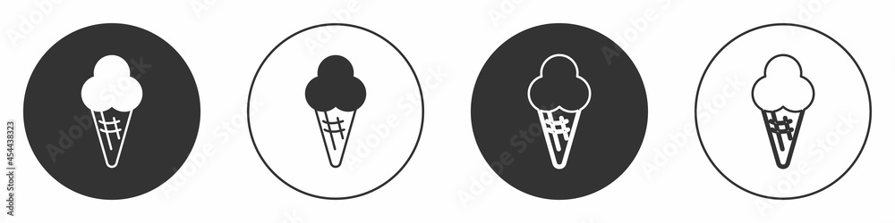 Black Ice cream in waffle cone icon isolated on white background. Sweet symbol. Circle button. Vector Black Ice cream in waffle cone icon isolated on white background. Sweet symbol. Circle button. Vector