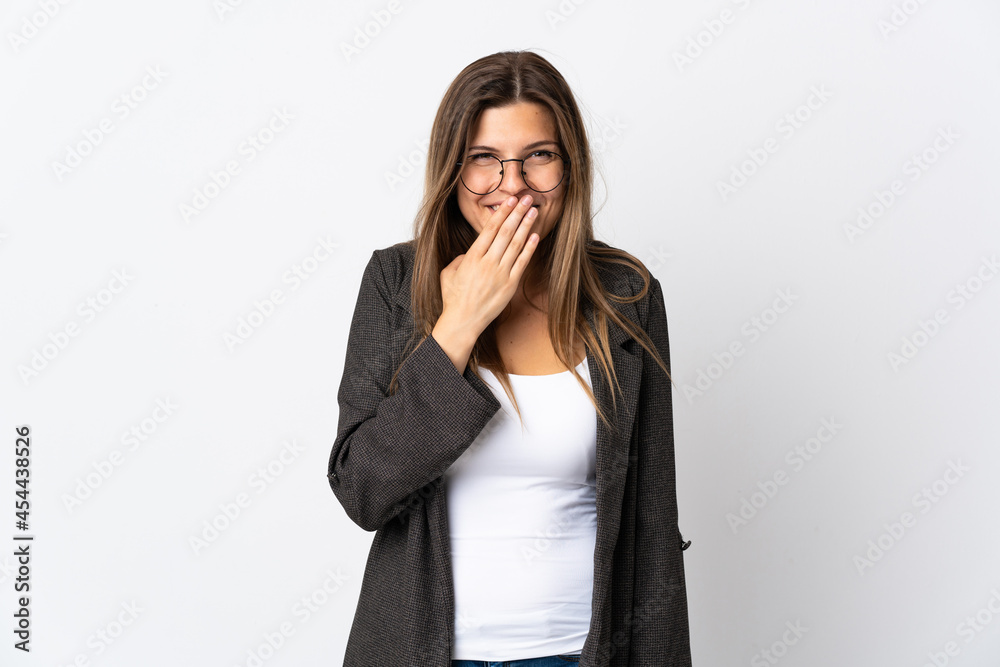 Business slovak woman isolated on white background happy and smiling covering mouth with hand Business slovak woman isolated on white background happy and smiling covering mouth with hand