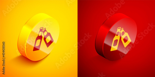 Isometric Beer bottle icon isolated on orange and red background. Circle button. Vector