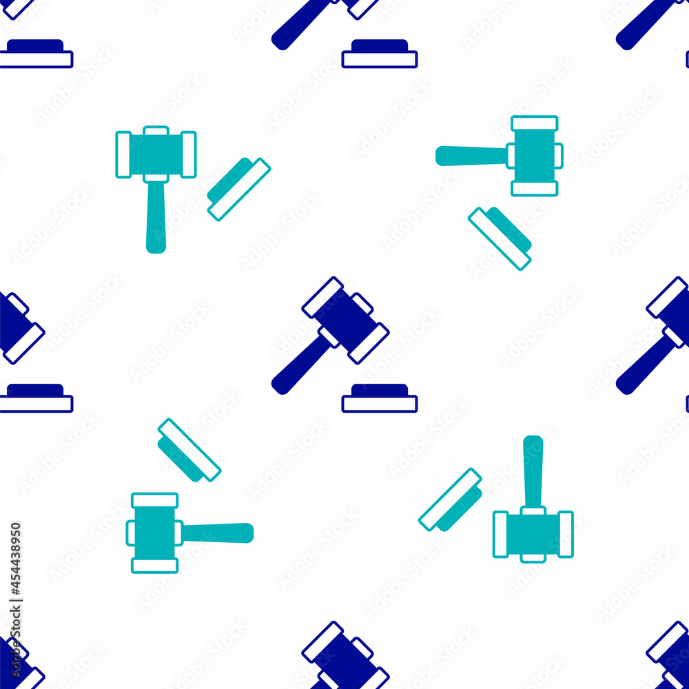 Fototapeta premium Blue Judge gavel icon isolated seamless pattern on white background. Gavel for adjudication of sentences and bills, court, justice. Auction hammer. Vector