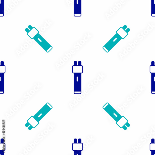Blue Police electric shocker icon isolated seamless pattern on white background. Shocker for protection. Taser is an electric weapon. Vector