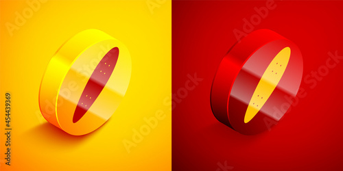 Isometric Longboard or skateboard cruiser icon isolated on orange and red background. Extreme sport. Sport equipment. Circle button. Vector