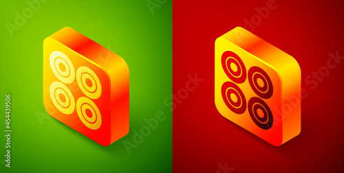 Isometric Skateboard wheel icon isolated on green and red background. Skate wheel. Square button. Vector