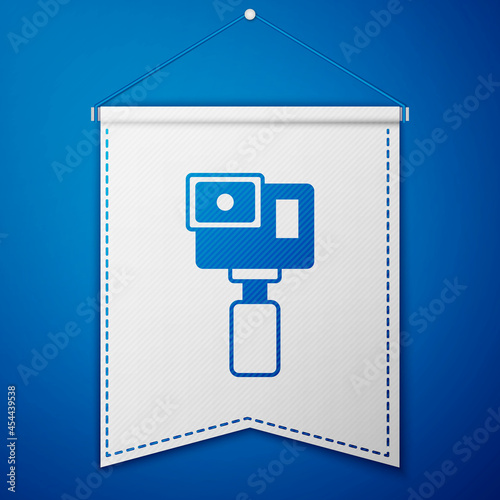 Blue Action extreme camera icon isolated on blue background. Video camera equipment for filming extreme sports. White pennant template. Vector