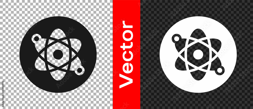 Black Atom icon isolated on transparent background. Symbol of science, education, nuclear physics, scientific research. Vector Black Atom icon isolated on transparent background. Symbol of science, education, nuclear physics, scientific research. Vector