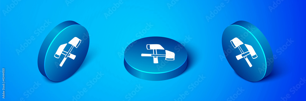 Isometric Firefighter axe icon isolated on blue background. Fire axe. Blue circle button. Vector Isometric Firefighter axe icon isolated on blue background. Fire axe. Blue circle button. Vector