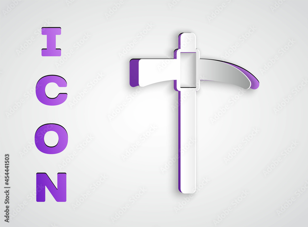 Paper cut Pickaxe icon isolated on grey background. Paper art style. Vector Paper cut Pickaxe icon isolated on grey background. Paper art style. Vector
