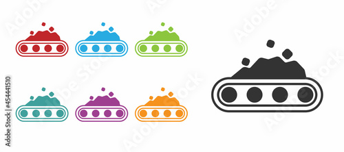 Black Conveyor belt carrying coal icon isolated on white background. Set icons colorful. Vector
