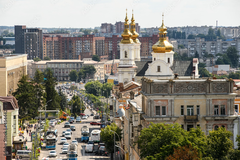 Aerial panoramic view of Soborna Street and Orthodox Holy Transfiguration Cathedral in Vinnytsia, Ukraine. July 2021