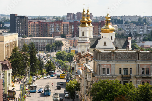 Aerial panoramic view of Soborna Street and Orthodox Holy Transfiguration Cathedral in Vinnytsia, Ukraine. July 2021 photo