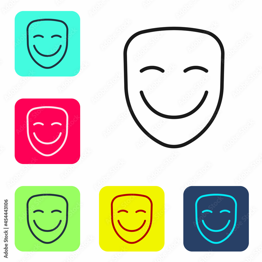 Black line Comedy theatrical mask icon isolated on white background. Set icons in color square buttons. Vector Black line Comedy theatrical mask icon isolated on white background. Set icons in color square buttons. Vector