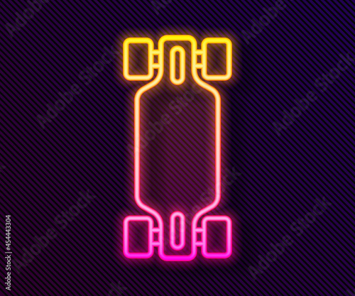Glowing neon line Longboard or skateboard cruiser icon isolated on black background. Extreme sport. Sport equipment. Vector