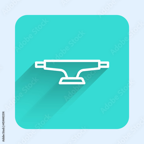White line Skateboard wheel icon isolated with long shadow background. Skateboard suspension. Skate wheel. Green square button. Vector