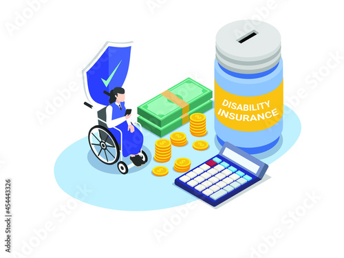 Disability insurance isometric vector concept. Handicapped woman sitting on wheelchair and calculate savings money for disability insurance in a jar.
