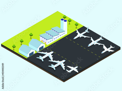 Airplane factory and warehouse with new aircraft parked on the runway airport. Isometric vector concept.