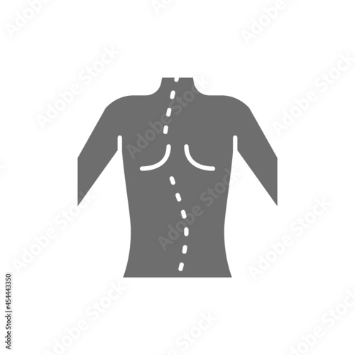 Scoliosis, curvature of spine grey icon. Isolated on white background
