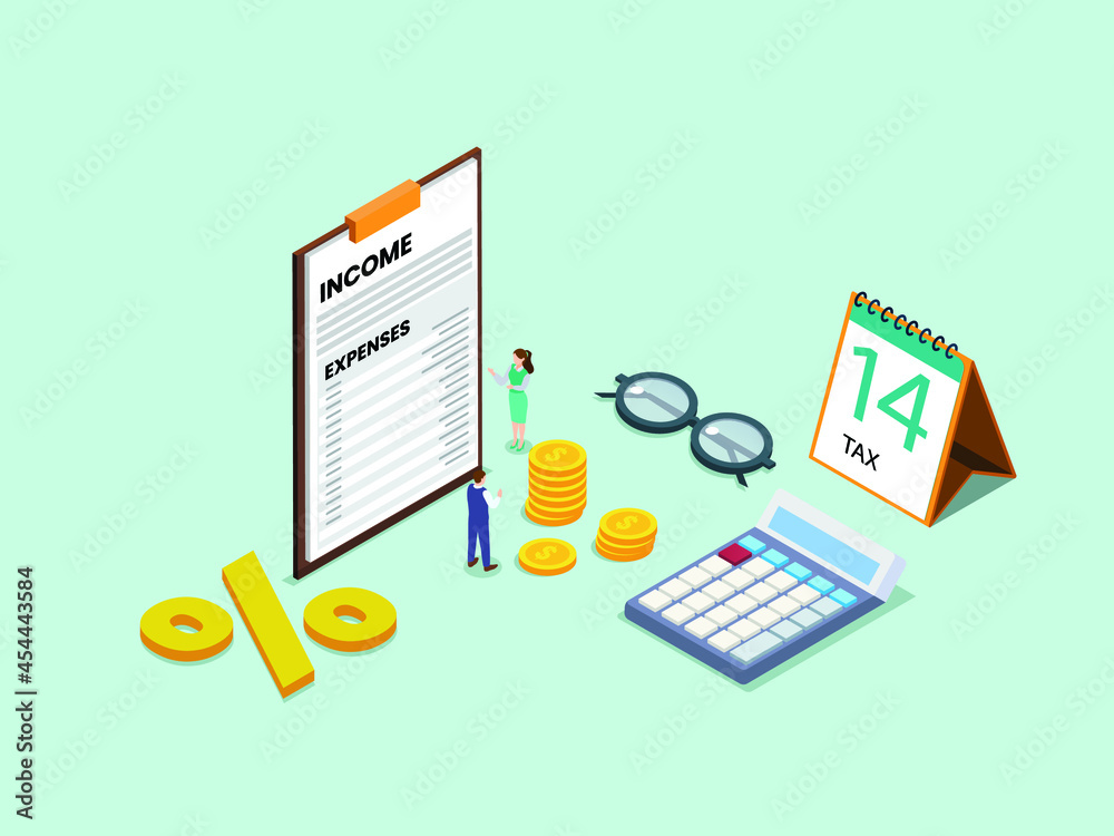 Man calculate his income and expense for paying tax with a female consultant. Isometric vector concept Man calculate his income and expense for paying tax with a female consultant. Isometric vector concept