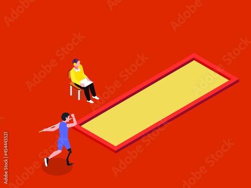 Handicapped javelin thrower with artificial leg throwing javelin in a competition. isometric vector concept