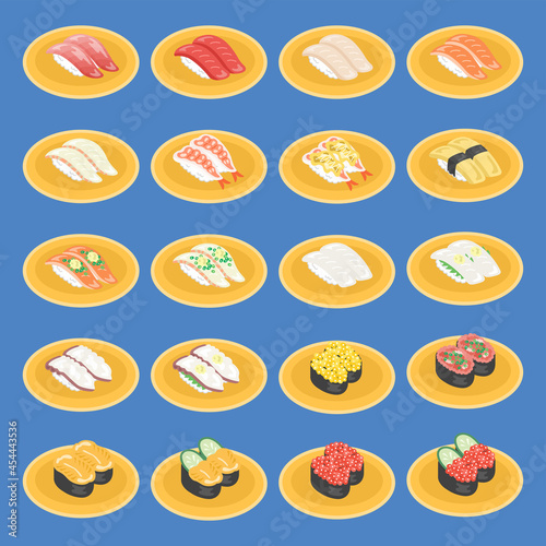 回転寿司の皿にのった寿司のネタのイラストセット