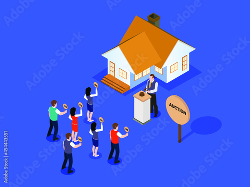 House auction with group of bidder giving their bid on the auctioneer. isometric vector concept