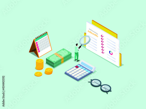 Man calculating his expenses while looking at the notebook with magnifying glass. Isometric vector concept © Creativa Images