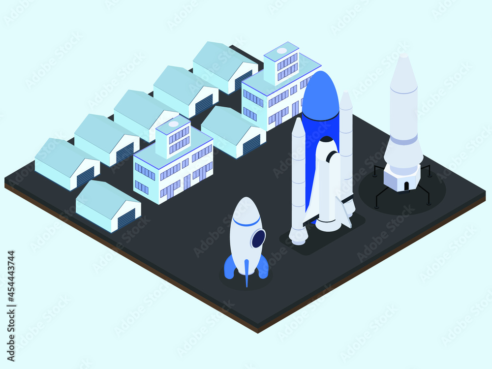 Fototapeta premium Spaceship startup innovation on the launching area near the factory building. Isometric vector concept