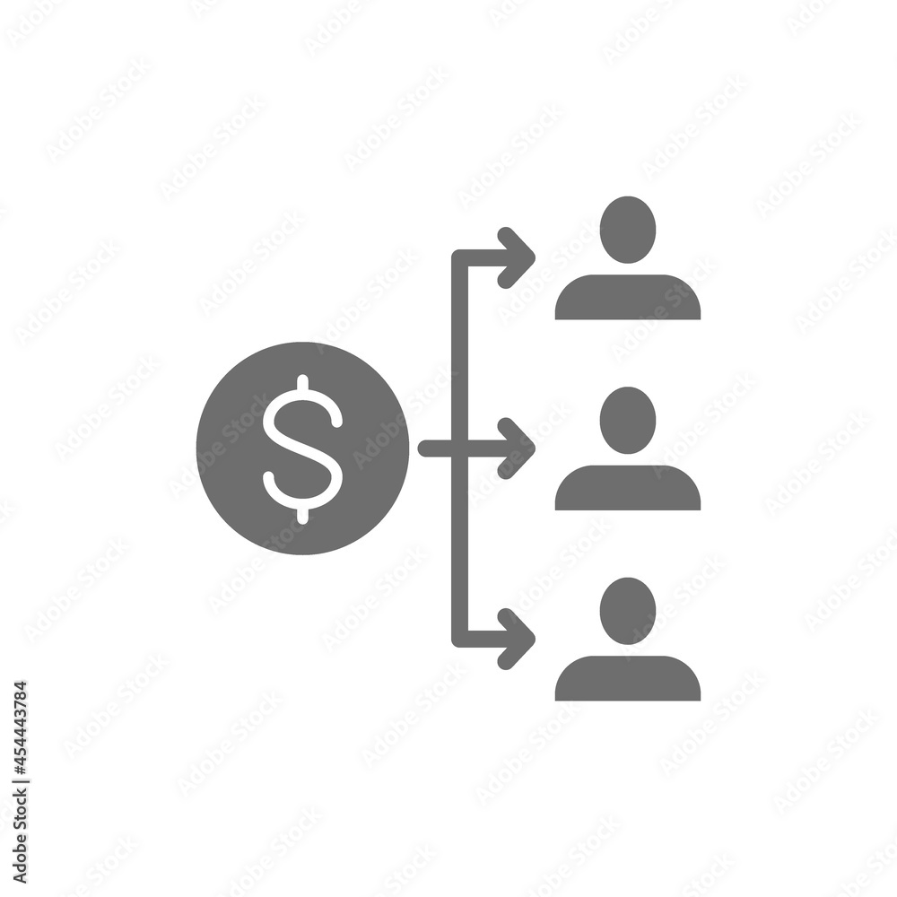 Income distribution, dividend payment, salary, money coin with people grey icon. Income distribution, dividend payment, salary, money coin with people grey icon.