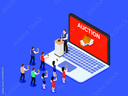 People competing to bid a house price on the online auction house. Isometric vector concept photo