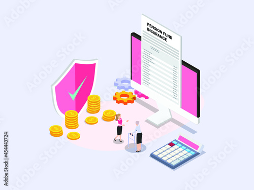 Insurance agent and senior woman discussing about pension fund insurance application form with calculator, coins, and computer monitor. isometric vector concept