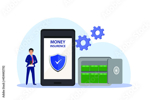 Money insurance vector concept: Young man looking at money insurance form on mobile phone 