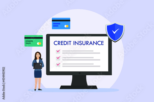 Credit insurance vector concept: Young businesswoman using laptop with credit insurance form on the screen 