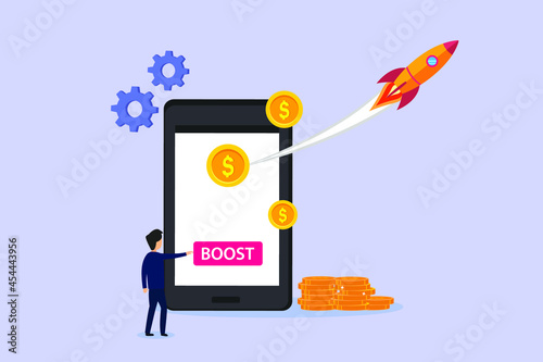 Business boost vector concept: Businessman pushing boost button on mobile phone while rocket and coins come out