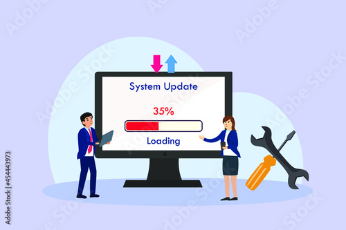 System update vector concept: Businesswoman and man standing with software upgrade system software while using laptop