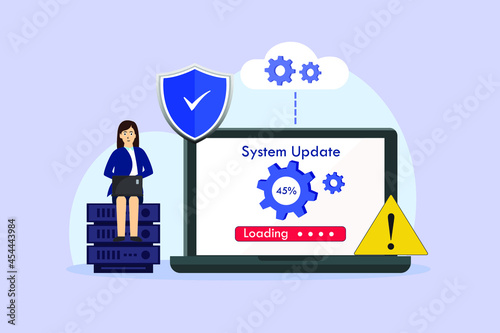 System update vector concept: Young businesswoman sitting with system update software on laptop 