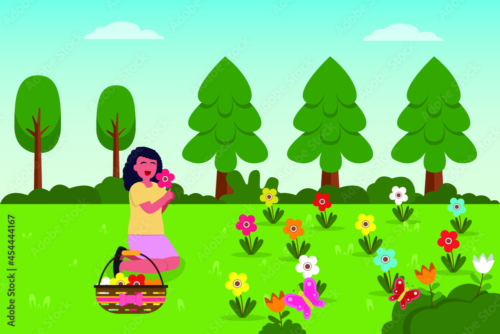 Fototapeta premium Flower garden vector concept: Young woman taking colorful flower in the garden while sitting on the grass