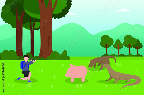 Ecotourism vector concept  Young man take picture komodo dragon in the nature while using digital camera