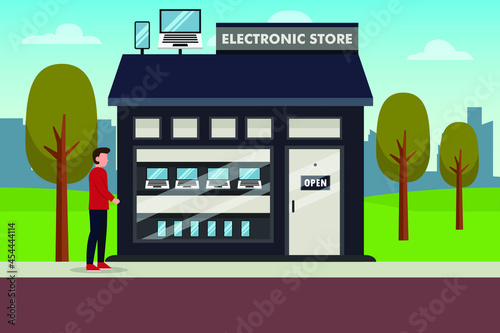 Electronic store vector concept: Young man walking to electronic store while looking at showroom