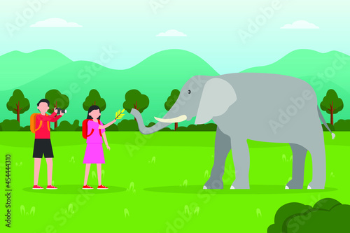 Ecotourism vector concept: Young people feeding big elephant in savanna while giving leaves to elephant