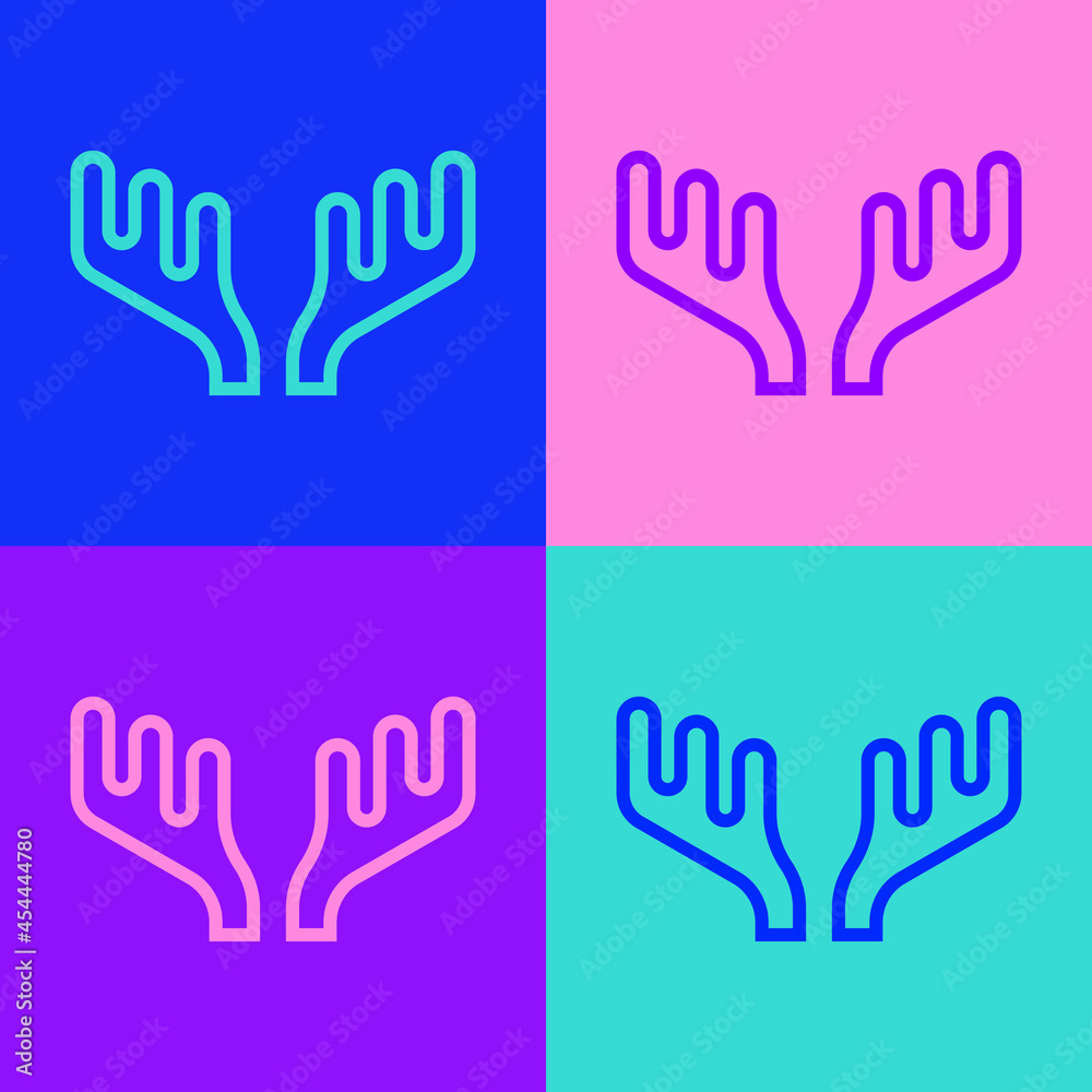 Fototapeta premium Pop art line Deer antlers icon isolated on color background. Hunting trophy on wall. Vector