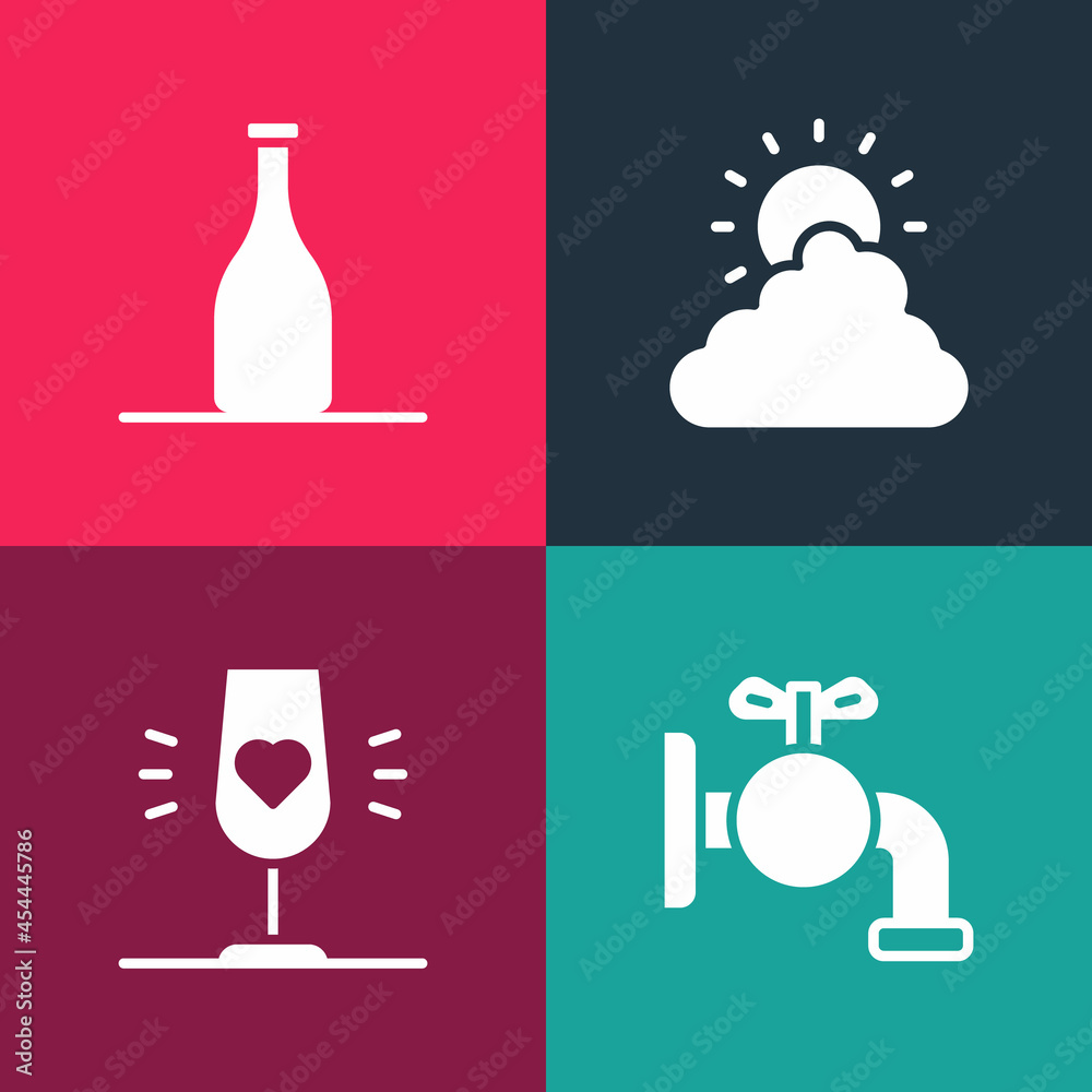Set pop art Tap for a barrel, Wine glass, Sun and cloud weather and Bottle of wine icon. Vector Set pop art Tap for a barrel, Wine glass, Sun and cloud weather and Bottle of wine icon. Vector