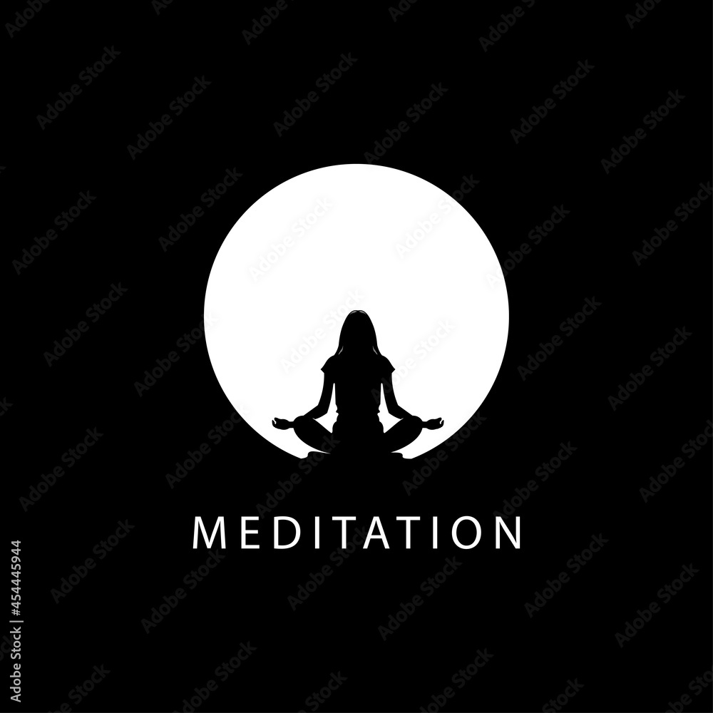 Yoga logo vector silhouette, woman meditation in natural place, moon background