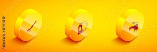 Set Isometric Brush for cleaning, Dishwashing liquid bottle and Water tap icon. Vector