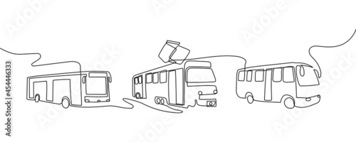 Public transport continuous line drawing set. One line art of trolleybus, shuttle bus, tram, minibus.