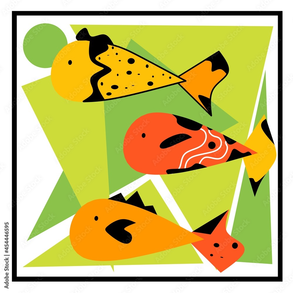 Mid century modern fish wall art. Geometry shapes wall decor. Marine Animal wall decor. Minimalist large wall Decorations for living room.