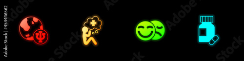 Set Psychology, Psi, Helping hand, Comedy tragedy masks and Sedative pills icon. Vector